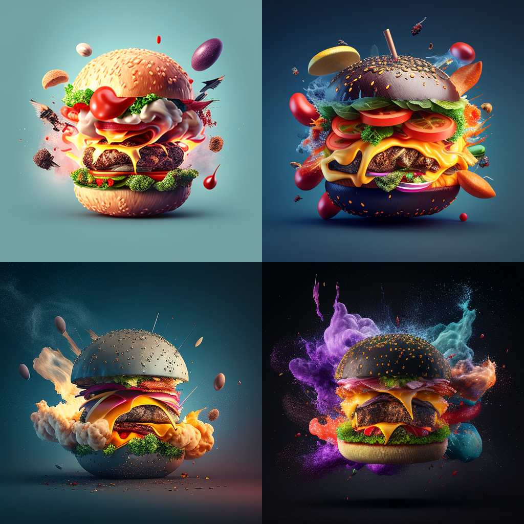 Bomb-shaped gourmet burger with a burst of delicious ingredients